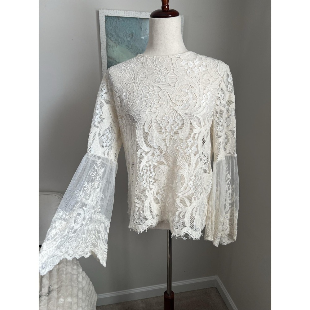 Adiva Lace Blouse Medium White Floral Bell Sleeve Boho Romantic Fairy Cottage